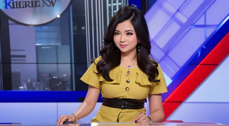 News anchor, Indonesian, black hair, white skin, super detail, super realistic, face looking forward