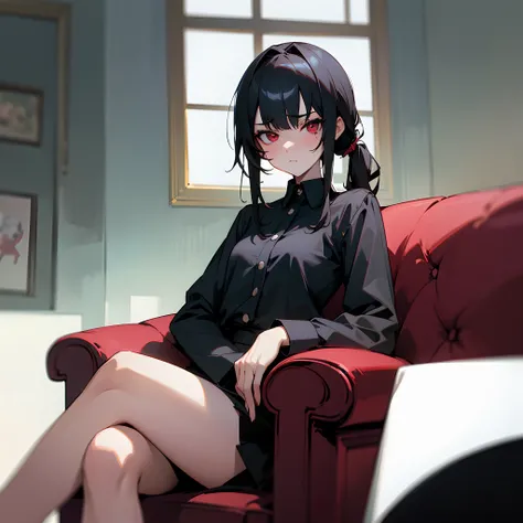 This is a picture of a girl that is mad at the viewer, masterpiece, 8k, highres, top-quality, Extremely detailed, black hair, dark red eyes,black shirt, black miniskirt, sharp eyes, sharp face, tsundere, anime style, sitting on a cushioned chair, crossed l...