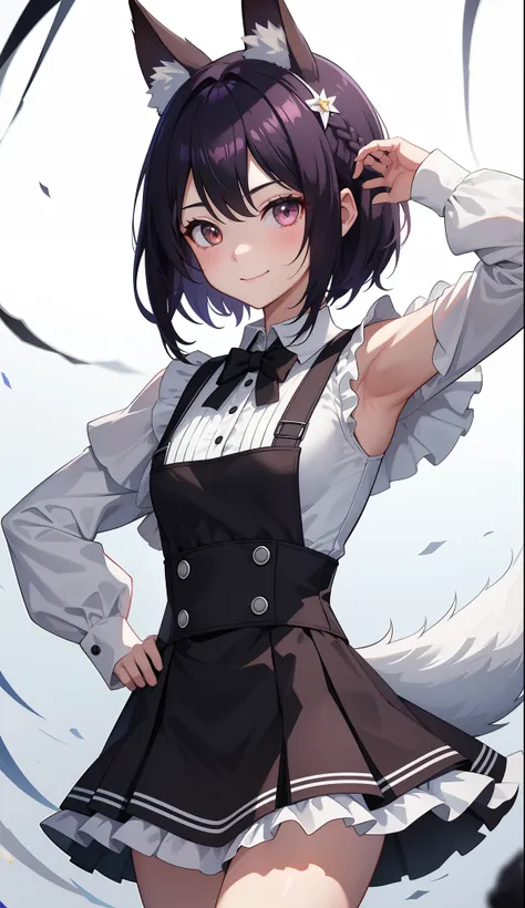 1girl in、AS-Adult、A smile、The shirt、Ultra mini skirt、pantiy、（small tits）、doress、pinafore、Hair decoration、（Maid costume）、Walking with a thigh、Upper body portrait、Fox ears、