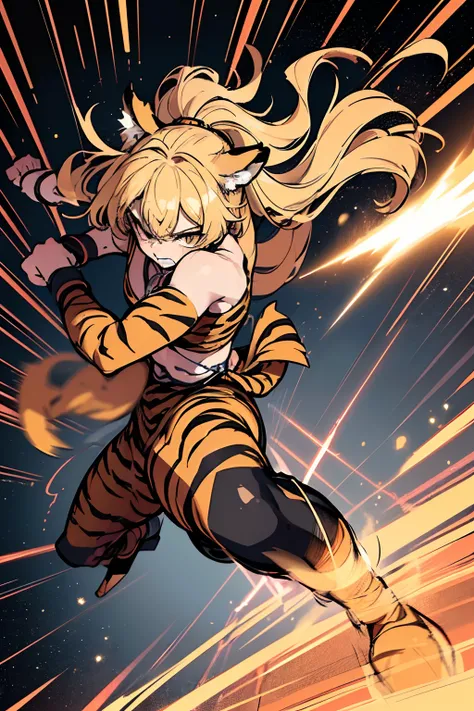 20yo 1girl, solo, (angry:1.2), small chest, (muscular:1.2), fang, (blonde long hair, tiger print bang:1.2), (tiger ears, locket necklace, triangle locket:1.2), (tiger print long pant, tiger print elbow gloves, black knee boot:1.2) full body, (high kick, fi...