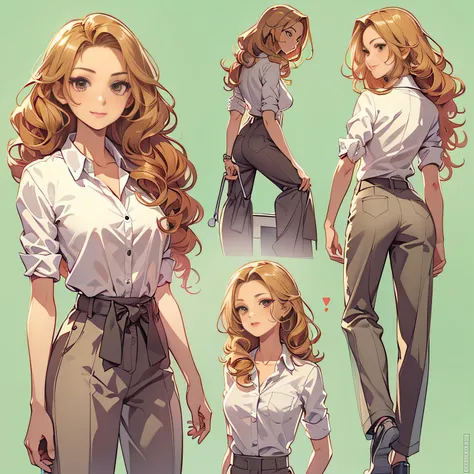 （Two-dimensional art style），full-body view，full-shot，up front view，posterior view，woman，Character design，character  design，Three views of people，Modern attire，Office secretary attire，golden curly hair，Sexy and feminine，The smile is bright，Black eyes，Intens...