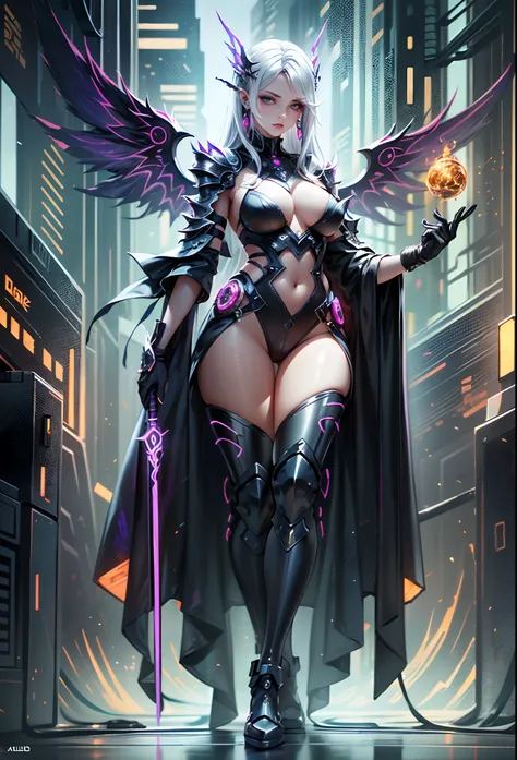 nijistyle,rfktr_technotrex,cyberpunk (sorceress, futuristic angelic wings on her back, Shes dramatically standing seductively and Alluring. Sensual. Her outfit is very sexy and showing a lot revealing, Shes holding a fire energy sword. :1.2)  wearing armor...