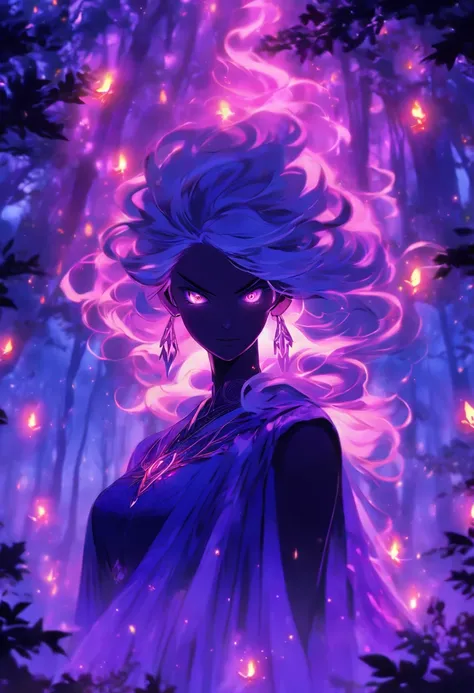 (best quality, highres, ultra-detailed, realistic:1.37), female, glowing purple eyes, long flowing blonde hair, witch, goddess, casting glowing spells, mystical fantasy woods, evil smirk, enchanted atmosphere, hauntingly beautiful, ethereal, dark magic, me...