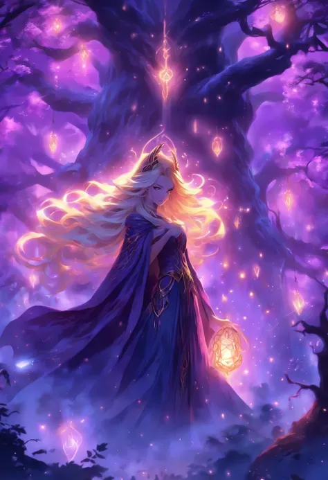 (best quality, highres, ultra-detailed, realistic:1.37), female, glowing purple eyes, long flowing blonde hair, witch, goddess, casting glowing spells, mystical fantasy woods, evil smirk, enchanted atmosphere, hauntingly beautiful, ethereal, dark magic, me...