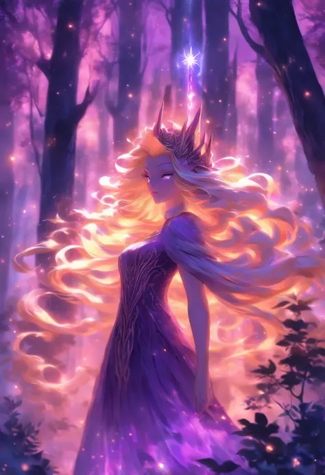 (best quality, highres, ultra-detailed, realistic:1.37), female, glowing purple eyes, long flowing blonde hair, witch, goddess, casting glowing spells, mystical fantasy woods, evil smirk, enchanted atmosphere, hauntingly beautiful, ethereal, dark magic, me...