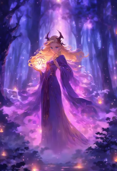 (best quality, highres, ultra-detailed, realistic:1.37), female, glowing purple eyes, long flowing blonde hair, witch, goddess, casting glowing spells, mystical fantasy woods, evil smirk, enchanted atmosphere, hauntingly beautiful, ethereal, dark magic, me...