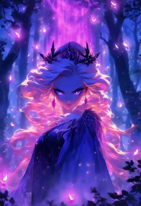 (best quality, highres, ultra-detailed, realistic:1.37), female, glowing purple eyes, long flowing blonde hair, witch, goddess, casting glowing spells, mystical fantasy woods, evil smirk, enchanted atmosphere, hauntingly beautiful, ethereal, dark magic, me...