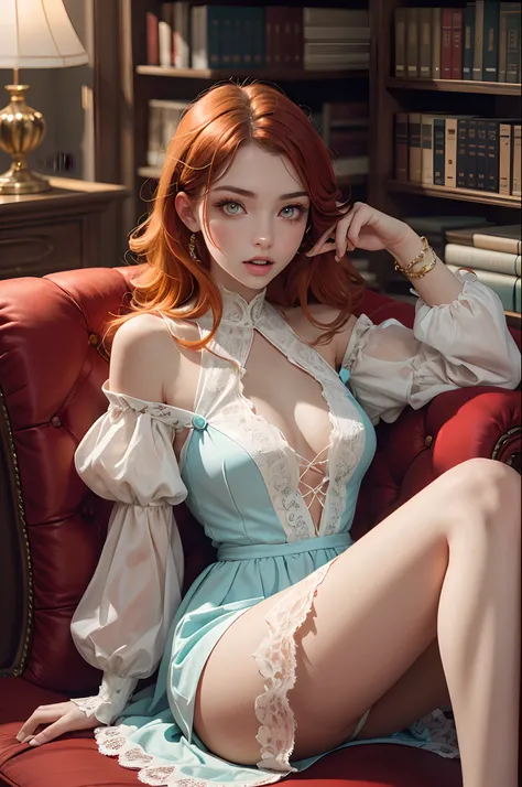 fantastic realism, bokeh, 1girl (27 years old), sitting in a Victorian library, yellow eyes, revealing light blue ordinate dress, straight red hair, nsfw, beautifully detailed woman, beautifully detailed mouth, extremely detailed eyes and face, beautiful d...