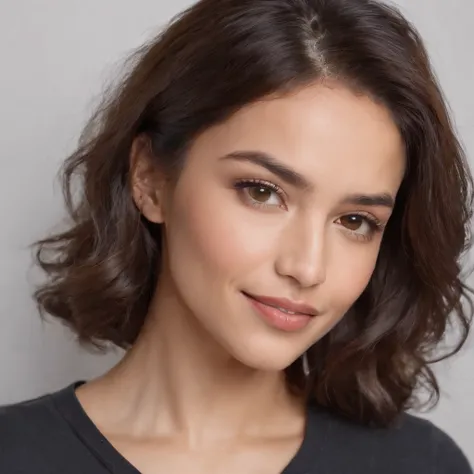 (Photo: 1.3) af (realism: 1.3), (Hispanic), Latina woman profile picture, (frontal close-up), soft light, clear face, happy, cheerful, warm light, white T-shirt, (off-white background), (blank background), (gray wall background)) avatar, (curly hair), smil...