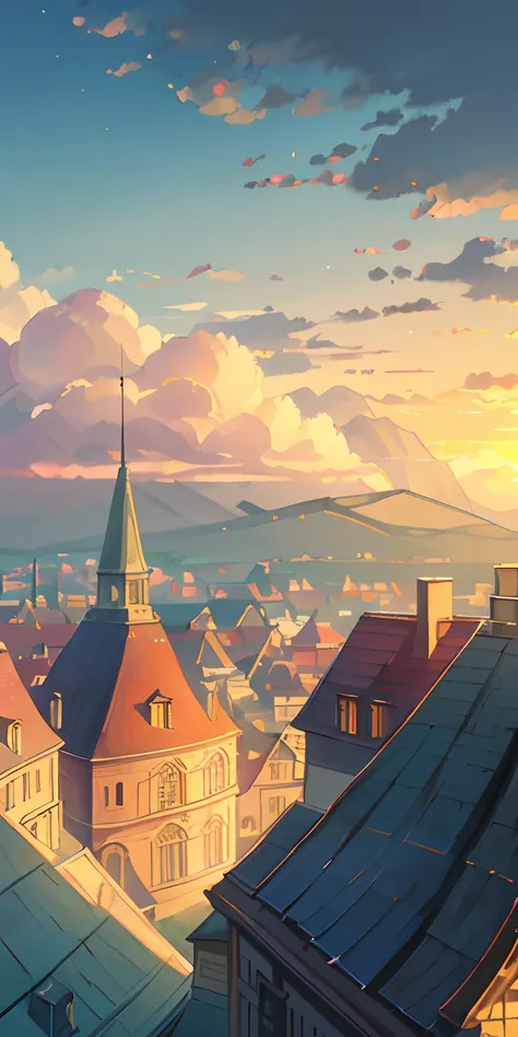 Real old European cities、The sunset is beautiful、From child to woman、chimney、Fire Oven、coal、Dazzling light、（illustratio：1.0）、epic composition、Realistic lighting、high definition detail、tmasterpiece、Best Quality，（extremely detailed CG unified 8k wallpaper）