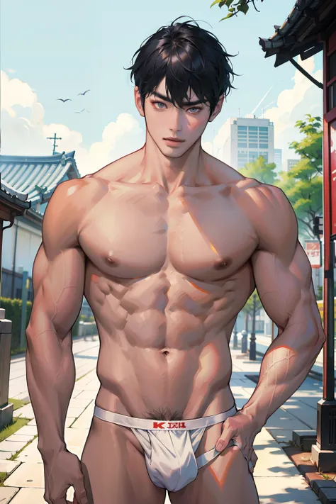 A Korean man, Slim body , Pale Asian skin, good eyes, Detailed body,massive bulge， Detailed face, Wear white thongs, Bare lower body, Good outdoor lighting, A cool pose, Good expression , Sexy but cute, No beard, ,Only thongs, A handsome face like a K-pop ...