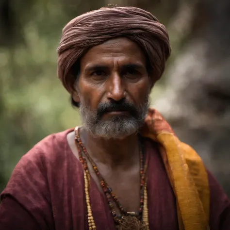 Portrait of an Indian villager at a meeting in the forests of Himachal Pradesh, cinematic, photo shoot, shot on 25mm lenses, Depth of Field, Tilt Blur, Shutter Speed 1/1000, F/22, White Balance, 32k, Super-Resolution, Pro Photo RGB, Half rear Lighting, Bac...