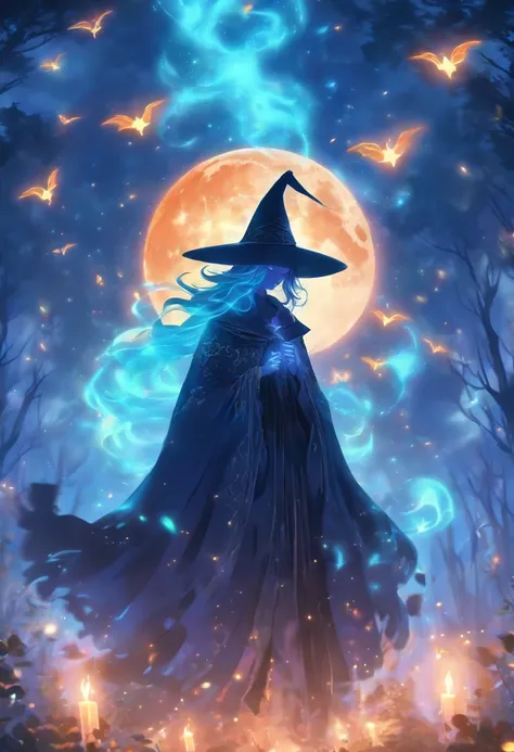 (best quality,4k,highres),(realistic:1.37),witch casting orange glowing spells,moonlight,magical fantasy forest,twinkling stars,shadowy trees,enchanting atmosphere,sparkling fireflies,mysterious orbs,witchs cloak billowing in the wind,spellbook with ancien...