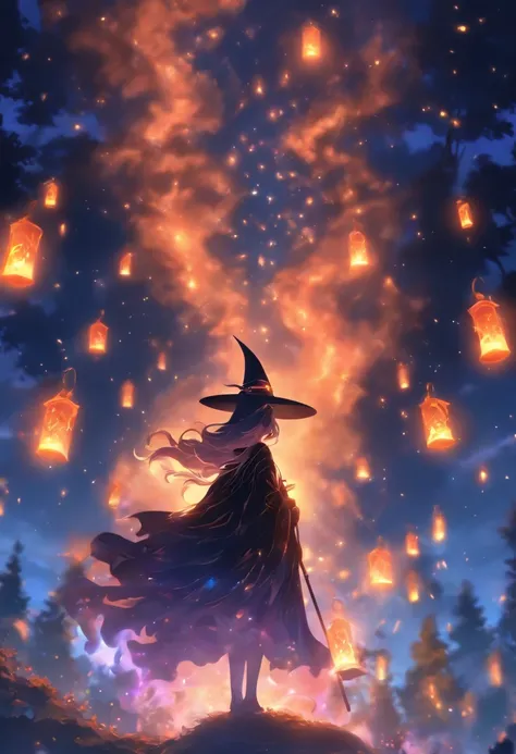 (best quality,4k,highres),(realistic:1.37),witch casting orange glowing spells,moonlight,magical fantasy forest,twinkling stars,shadowy trees,enchanting atmosphere,sparkling fireflies,mysterious orbs,witchs cloak billowing in the wind,spellbook with ancien...