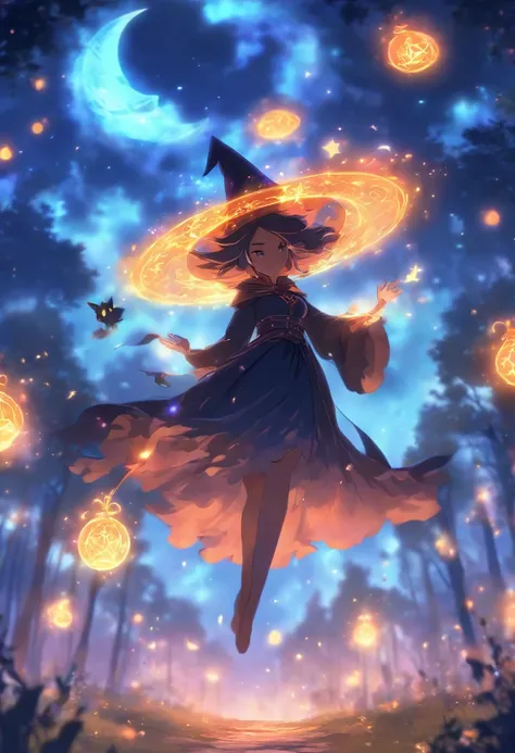 (best quality,4k,highres),(realistic:1.37),witch casting orange glowing spells,moonlight,magical fantasy forest,twinkling stars,shadowy trees,enchanting atmosphere,sparkling fireflies,mysterious orbs,witchs cloak billowing in the wind,spellbook with ancien...