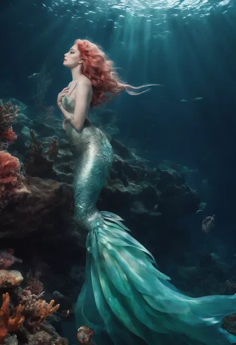 Mermaids swimming under the deep sea,master-piece,lonely,mystical