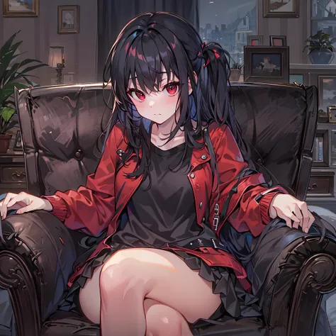 This is a picture of a girl that is mad at the viewer, masterpiece, 8k, highres, top-quality, Extremely detailed, black hair, dark red eyes,black shirt, black miniskirt, sharp eyes, sharp face, tsundere, anime style, sitting on a cushioned chair, crossed l...