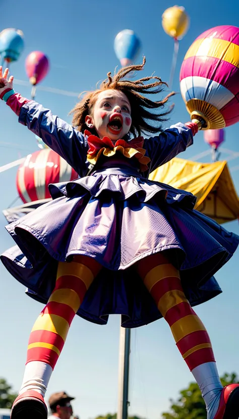 full body shot of a terrifying clown, with balloons, screaming, at a fair with frightened children.