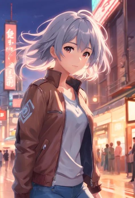 (((Masterpiece))), Top quality, Super detailed, Blush, Cute and playful, Huge, Leather jacket, Silver hair, Fluffy hairstyle, Elastic breasts, Pleasant eyes, Sweet look, Belly button, Dynamic and cute pose.