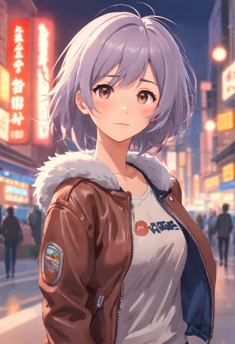 (((Masterpiece))), Top quality, Super detailed, Blush, Cute and playful, Huge, Leather jacket, Silver hair, Fluffy hairstyle, Elastic breasts, Pleasant eyes, Sweet look, Belly button, Dynamic and cute pose.