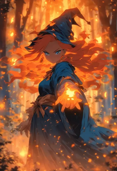 witch with orange hair casting glowing orange spells wearing blue robe inside of mystical forest