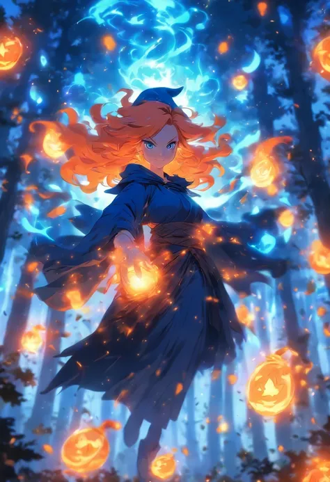 witch with orange hair casting glowing orange spells wearing blue robe inside of mystical forest