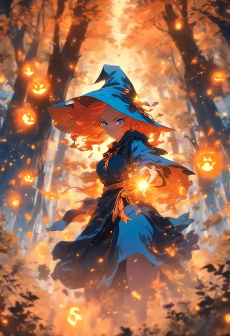 witch with orange hair casting glowing orange spells wearing blue robe inside of mystical forest