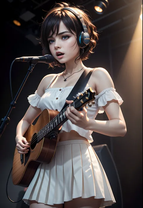 highres, shadows, absurdres, best_quality, ultra_detailed, 8k, extremely_clear, photograph, beautiful, sharp focus, hdr,
A cute pop singer with short hair and symmetrical teary eyes holds a guitar and sings into headphones, wearing a pleated skirt, with a ...