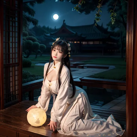 Change，Moon，themoon，rays of moonlight，big breasts beautiful，delicated，the detail，Extreme，复杂，Brilliant --ar 2:4 --s 100 --niji 5 --Expressive style，palaces，the white rabbit，Long sleeves floating，Palace costume，Classical beauty，Looking at you，Bigchest，Realiy