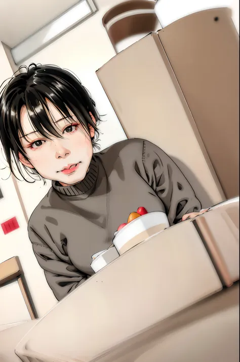 1girl, black eyes, black hair, closed mouth, grey sweater, hair ornament, hair clip, heart, lips, lipstick, looking viewer, make...