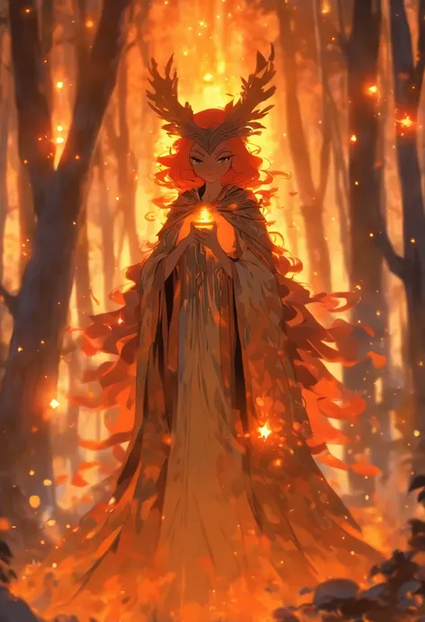 A witch with (vibrant, fiery) orange hair casting (powerful, mesmerizing) glowing orange spells, wearing a flowing blue robe, inside of a (mysterious, enchanted) mystical forest. The forest is filled with (ancient, towering) trees covered in moss and (twin...