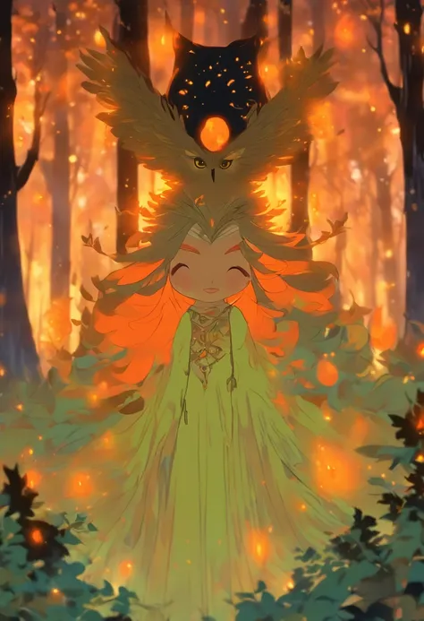 A witch with (vibrant, fiery) orange hair casting (powerful, mesmerizing) glowing orange spells, wearing a flowing blue robe, inside of a (mysterious, enchanted) mystical forest. The forest is filled with (ancient, towering) trees covered in moss and (twin...