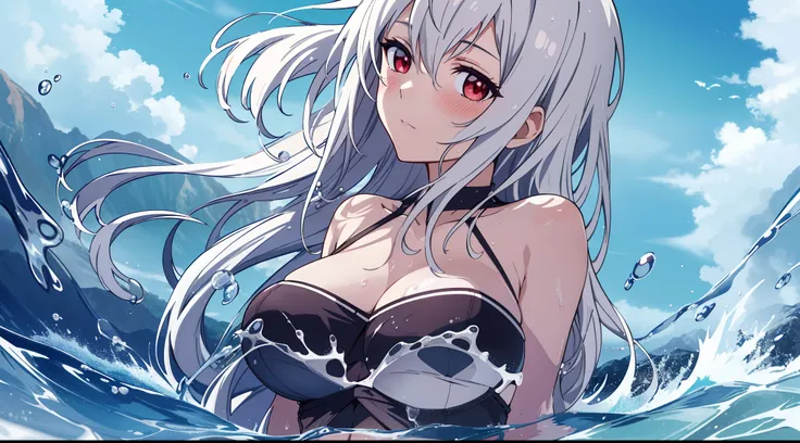 2D, HD, Detailed details, Detailed landscapes, beautiful lights, Beautiful Shadows, top-quality, Highly detailed, masterpiece, best quality, highres, skadi, no hat, gray hair, red eyes, large breast, long hair, blush, closed mouth, navel, looking at viewer...