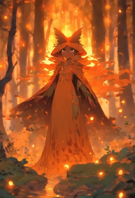 A witch with (vibrant, fiery) orange hair casting (powerful, mesmerizing) glowing orange spells, wearing a flowing blue robe, inside of a (mysterious, enchanted) mystical forest. The forest is filled with (ancient, towering) trees covered in moss and (twin...