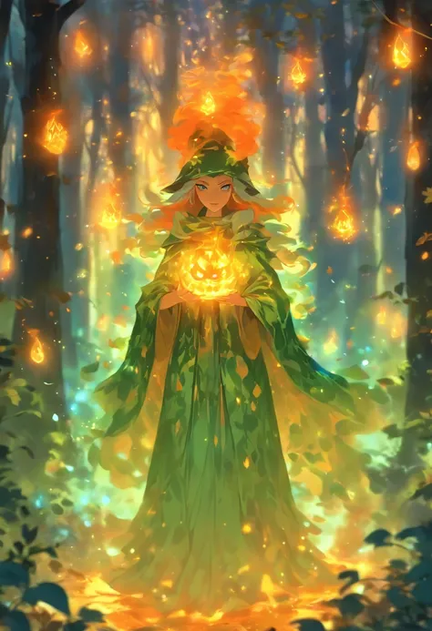 A witch with (vibrant, fiery) orange hair casting (powerful, mesmerizing) glowing orange spells, wearing a flowing blue robe, inside of a (mysterious, enchanted) mystical forest. The forest is filled with (ancient, towering) trees covered in moss and (twin...