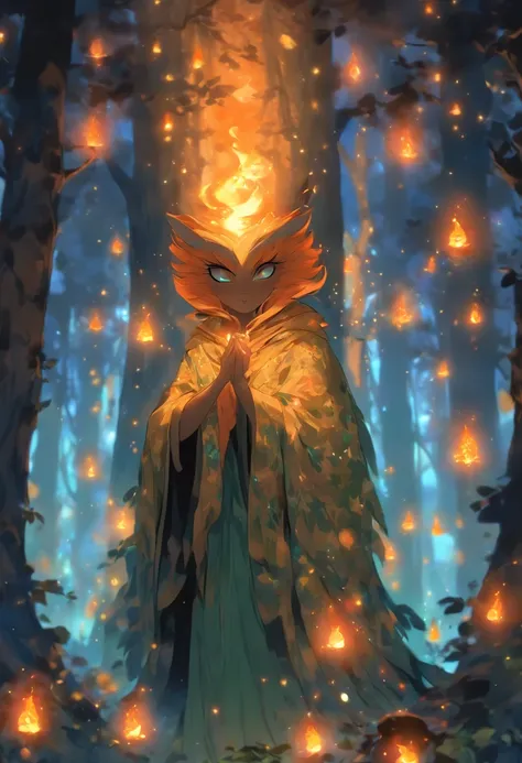 A witch with (vibrant, fiery) orange hair casting (powerful, mesmerizing) glowing orange spells, wearing a flowing blue robe, inside of a (mysterious, enchanted) mystical forest. The forest is filled with (ancient, towering) trees covered in moss and (twin...