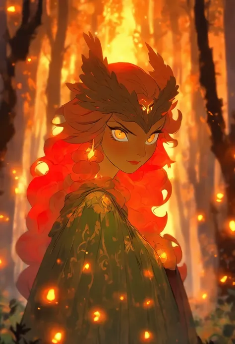 A witch with (vibrant, fiery) orange hair casting (powerful, mesmerizing) glowing orange spells, wearing a flowing blue robe, inside of a (mysterious, enchanted) mystical forest. The forest is filled with (ancient, towering) trees covered in moss and (twin...