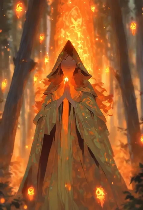 A witch with (vibrant, fiery) orange hair casting (powerful, mesmerizing) glowing orange spells, wearing a flowing blue robe, inside of a (mysterious, enchanted) mystical forest. The forest is filled with (ancient, towering) trees covered in moss and (twin...