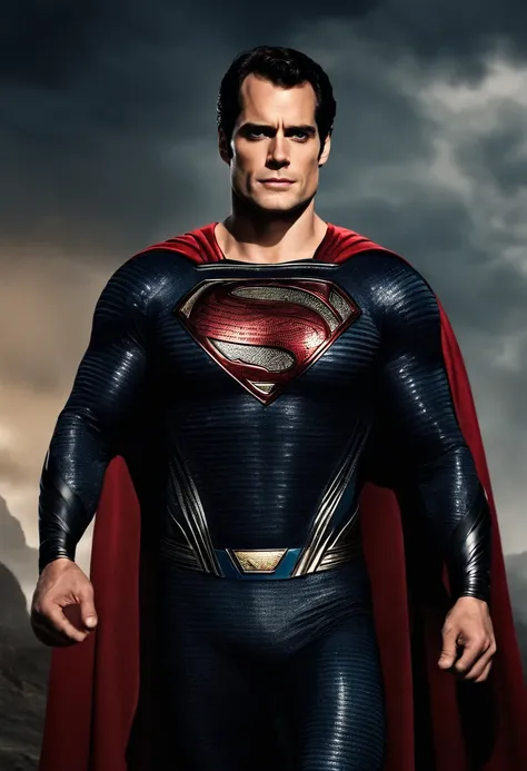 Full body, Henry Cavill, Superman, extra bold, hyper muscular body, waving cape