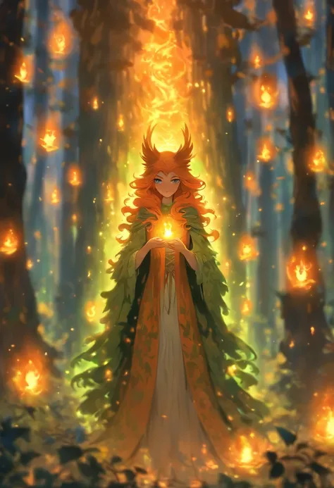 A witch with (vibrant, fiery) orange hair casting (powerful, mesmerizing) glowing orange spells, wearing a flowing blue robe, inside of a (mysterious, enchanted) mystical forest. The forest is filled with (ancient, towering) trees covered in moss and (twin...