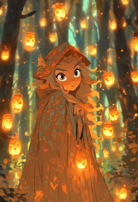 A witch with (vibrant, fiery) orange hair casting (powerful, mesmerizing) glowing orange spells, wearing a flowing blue robe, inside of a (mysterious, enchanted) mystical forest. The forest is filled with (ancient, towering) trees covered in moss and (twin...