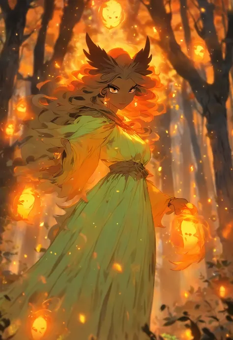 A witch with (vibrant, fiery) orange hair casting (powerful, mesmerizing) glowing orange spells, wearing a flowing blue robe, inside of a (mysterious, enchanted) mystical forest. The forest is filled with (ancient, towering) trees covered in moss and (twin...