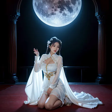 Change，Moon，themoon，rays of moonlight，big breasts beautiful，delicated，the detail，Extreme，复杂，Brilliant --ar 2:4 --s 100 --niji 5 --Expressive style，palaces，the white rabbit，Long sleeves floating，Palace costume，Classical beauty，Looking at you，Bigchest，Realiy