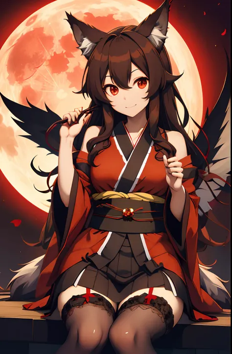 Wolfgirl, brown long hair, wolf ears, kagerou imaizumi, touhou, beautiful, kimono, kemono, momiji, touhou, details, stockings, mesh, red moon, ((masterpiece)), 4k, absurdres, best quality, (2girls), looking at viewer, good anatomy, (detailed: 1.3)