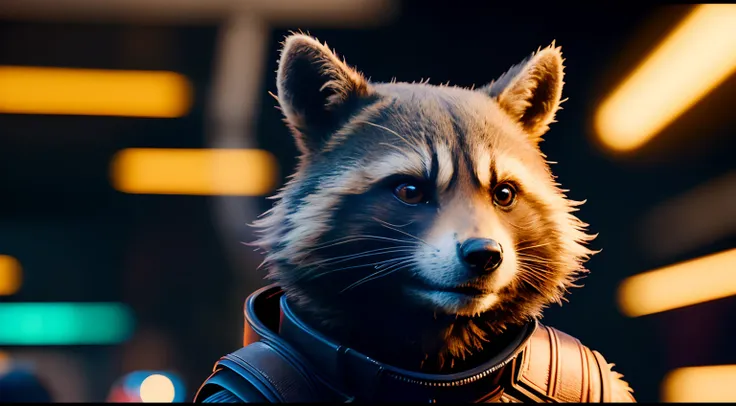 rocket raccoon (marvel), em uma rua movimentada com placas de neon, cyberpunk aesthetics, very detailed lighting, dramatic, tren...