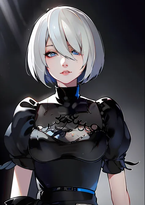 2b_no blindfold、white  hair、short-haired、black clothes、blue eyess、black hair belt、yorha no.2b、inside the base、red eye shadow、loo...