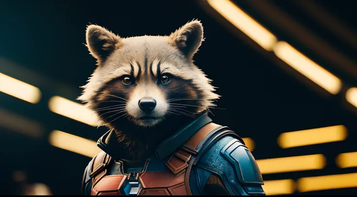 rocket raccoon (marvel), em uma rua movimentada com placas de neon, cyberpunk aesthetics, very detailed lighting, dramatic, tren...