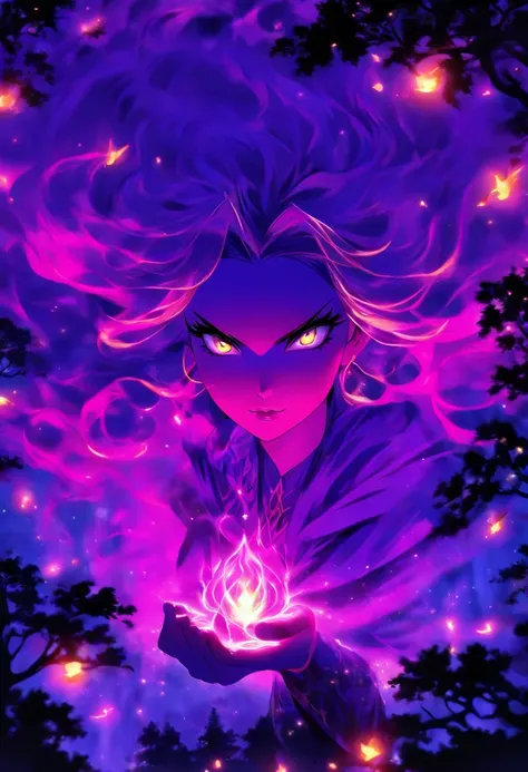 (best quality, highres, ultra-detailed, realistic:1.37), female, glowing purple eyes, long flowing blonde hair, witch, goddess, casting glowing spells, mystical fantasy woods, evil smirk, enchanted atmosphere, hauntingly beautiful, ethereal, dark magic, me...