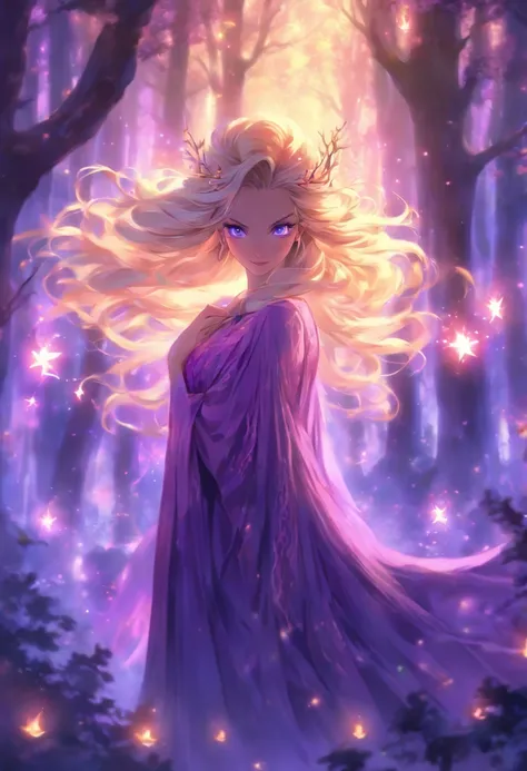 (best quality, highres, ultra-detailed, realistic:1.37), female, glowing purple eyes, long flowing blonde hair, witch, goddess, casting glowing spells, mystical fantasy woods, evil smirk, enchanted atmosphere, hauntingly beautiful, ethereal, dark magic, me...