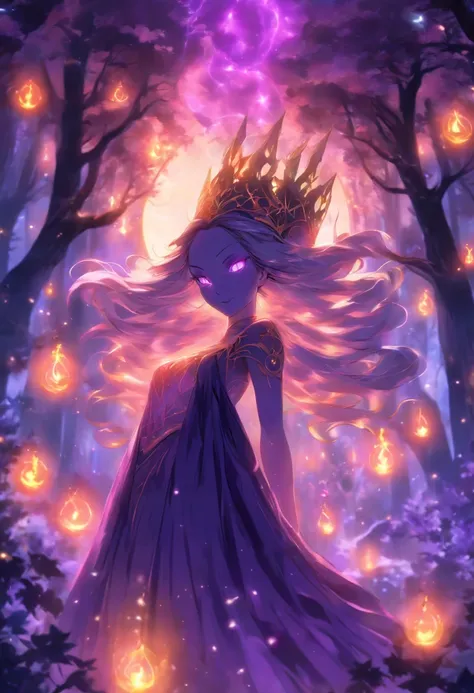 (best quality, highres, ultra-detailed, realistic:1.37), female, glowing purple eyes, long flowing blonde hair, witch, goddess, casting glowing spells, mystical fantasy woods, evil smirk, enchanted atmosphere, hauntingly beautiful, ethereal, dark magic, me...